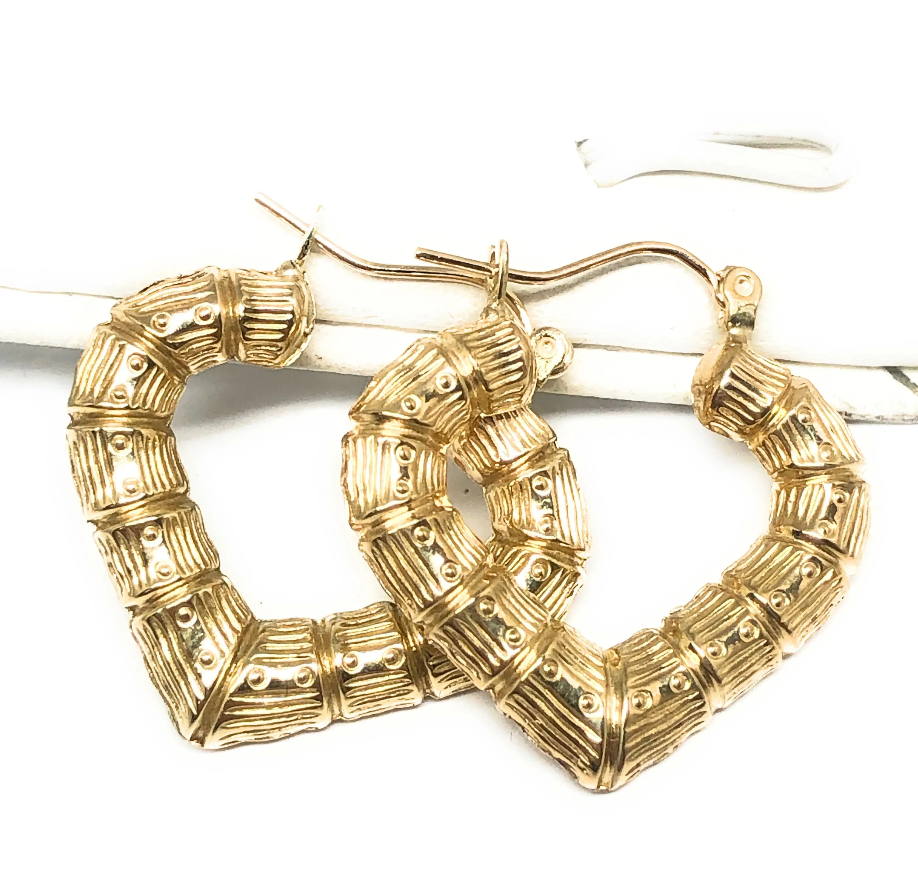 10k Solid Gold Yellow Bamboo Heart Hoop Earrings 1 INCH Arracadas