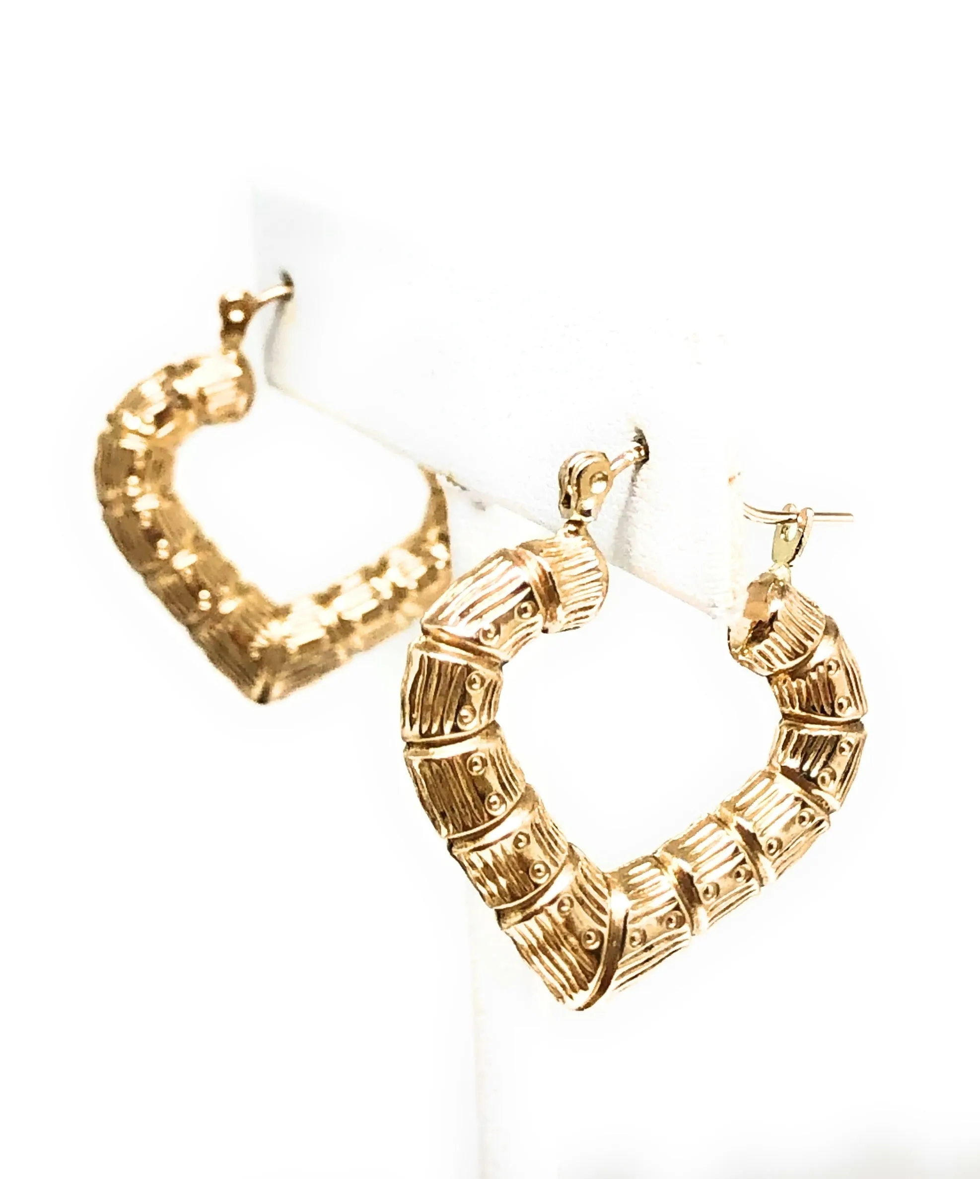 10k Solid Gold Yellow Bamboo Heart Hoop Earrings 1 INCH Arracadas