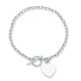 14k White Gold Chain Oval Link Heart Bracelet, 7.50