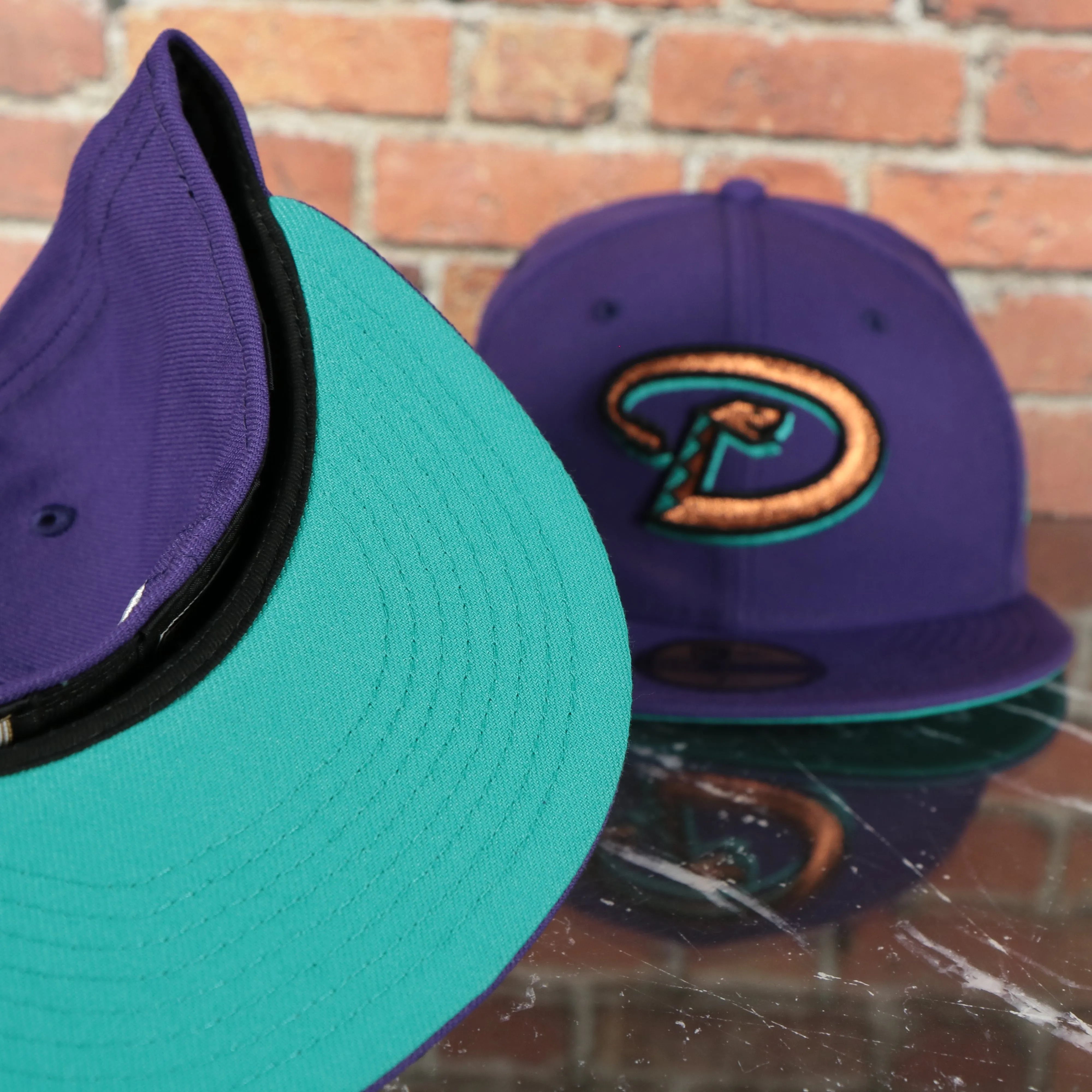 2001 World Series Arizona Diamondbacks Cooperstown Grape 5 Side Patch Fitted | Purple 59Fifty Teal Bottom Fitted Cap