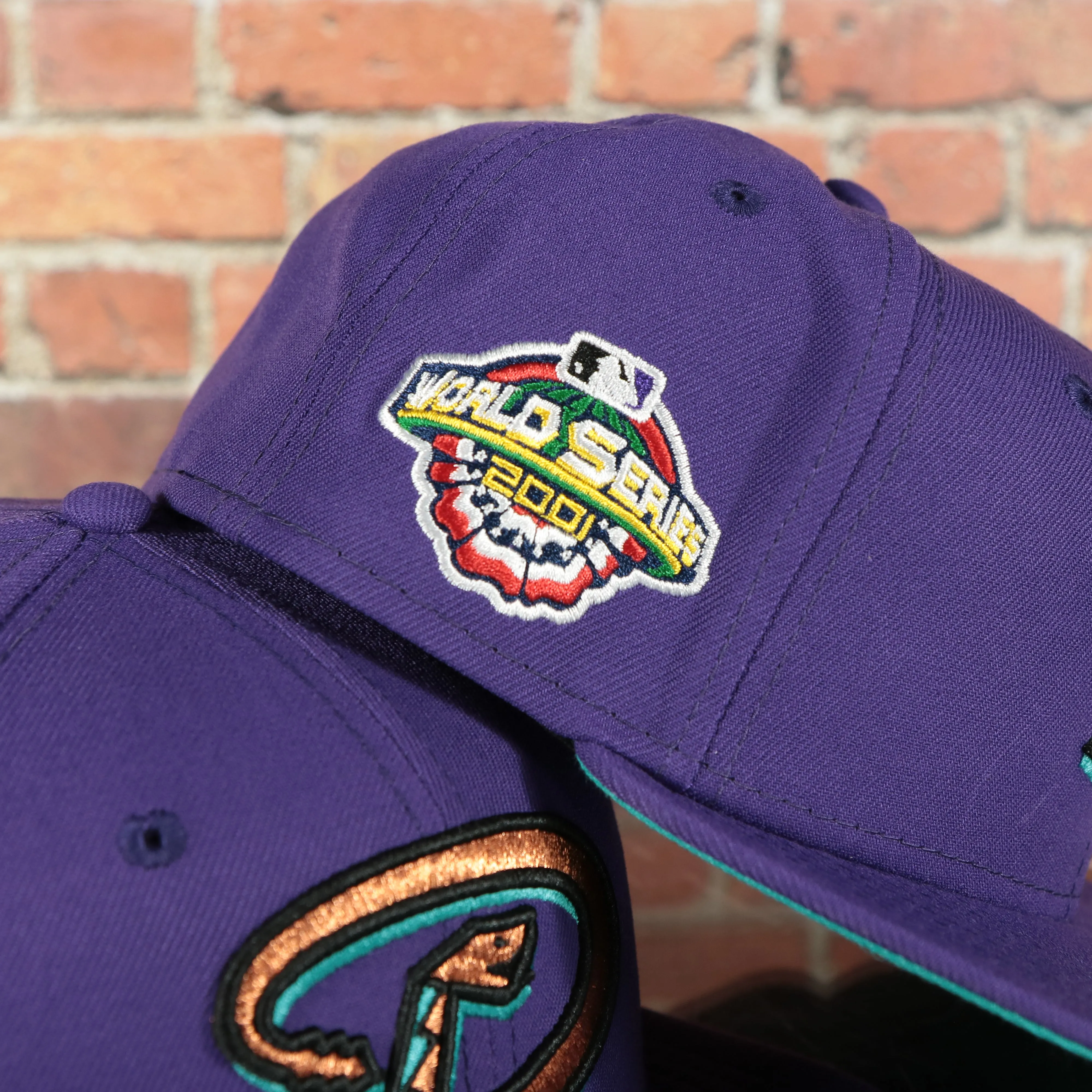 2001 World Series Arizona Diamondbacks Cooperstown Grape 5 Side Patch Fitted | Purple 59Fifty Teal Bottom Fitted Cap