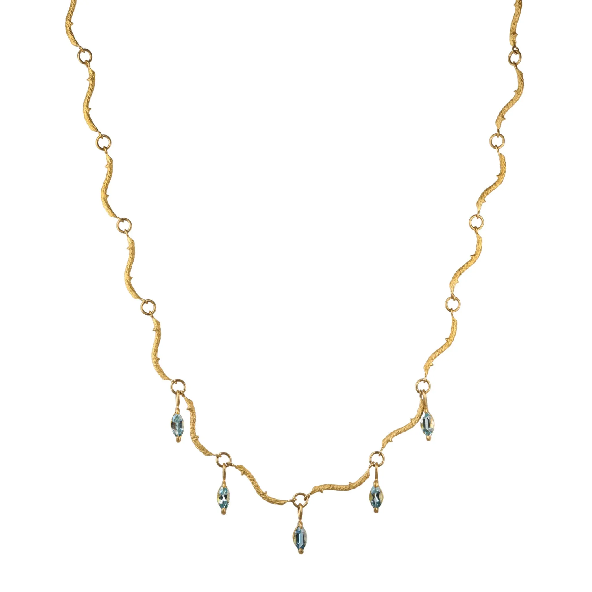 22K Gold Twig Chain Necklace with Aquamarine Marquise Drops