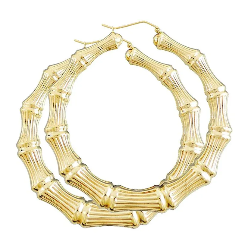 3 Inch 10K Gold Bamboo Hoop Earrings