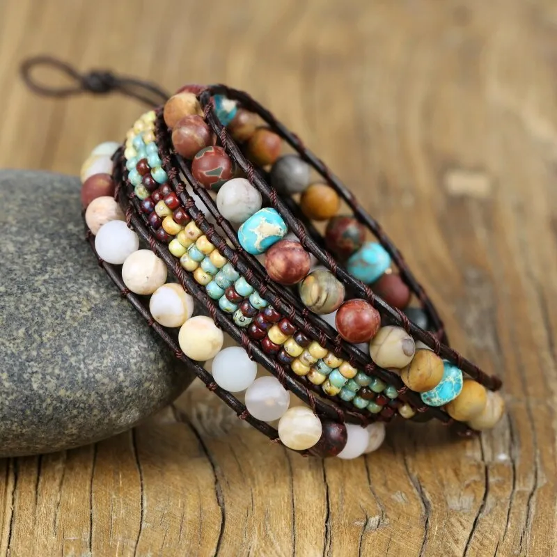 7 Chakra Jasper Bracelet - Seed Bead Stone 3X Wrap Bracelet