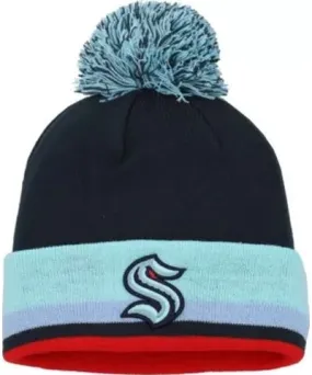 adidas Men's NHL Deep Sea Seattle Kraken Team Stripe Cuffed Knit Hat with Pom