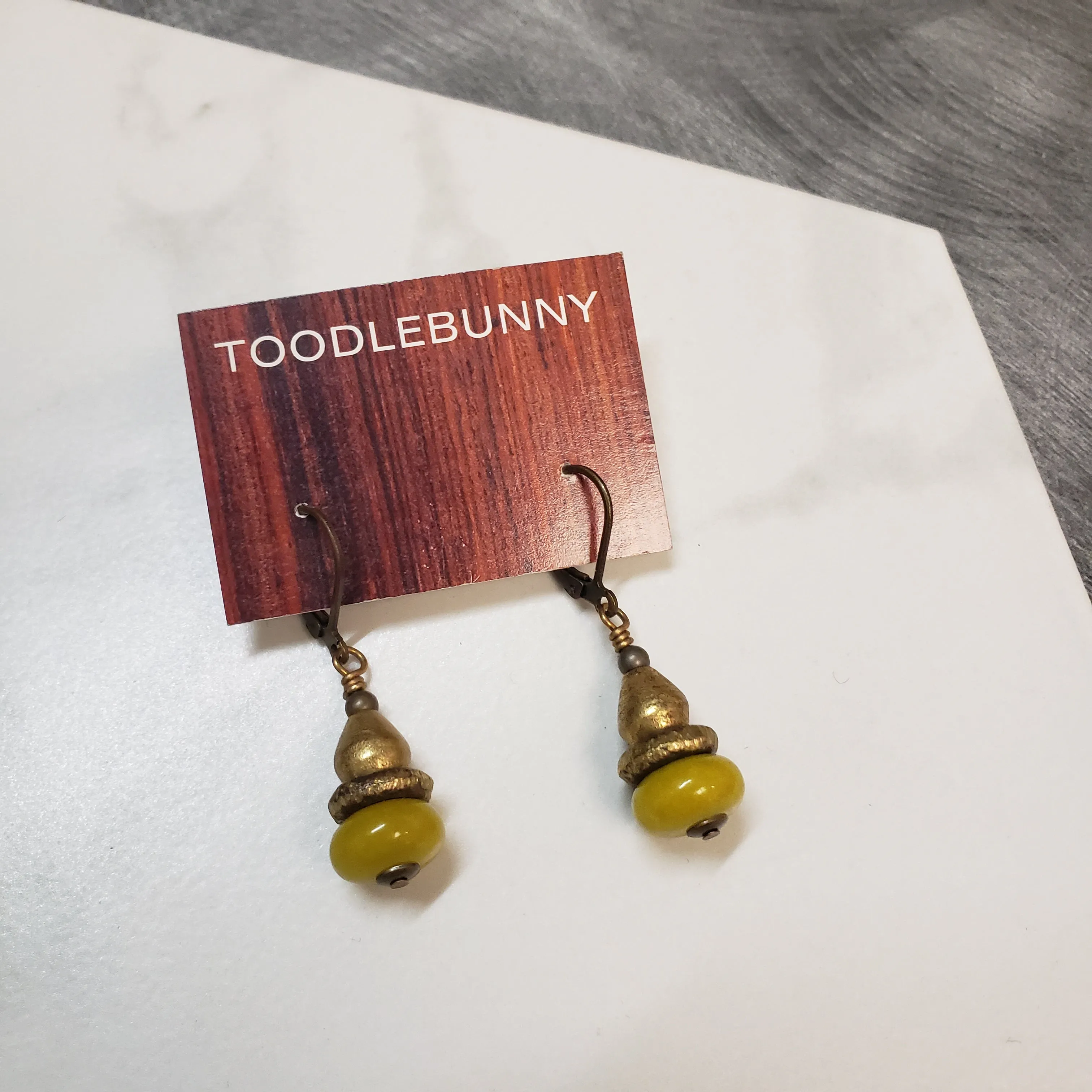 African Brass Drop Earrings - Olive Jade