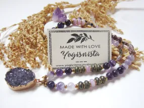 Amethyst, Kunzite, Purple Phantom Quartz in Raw Druzy Pendant Beaded Mala Necklace