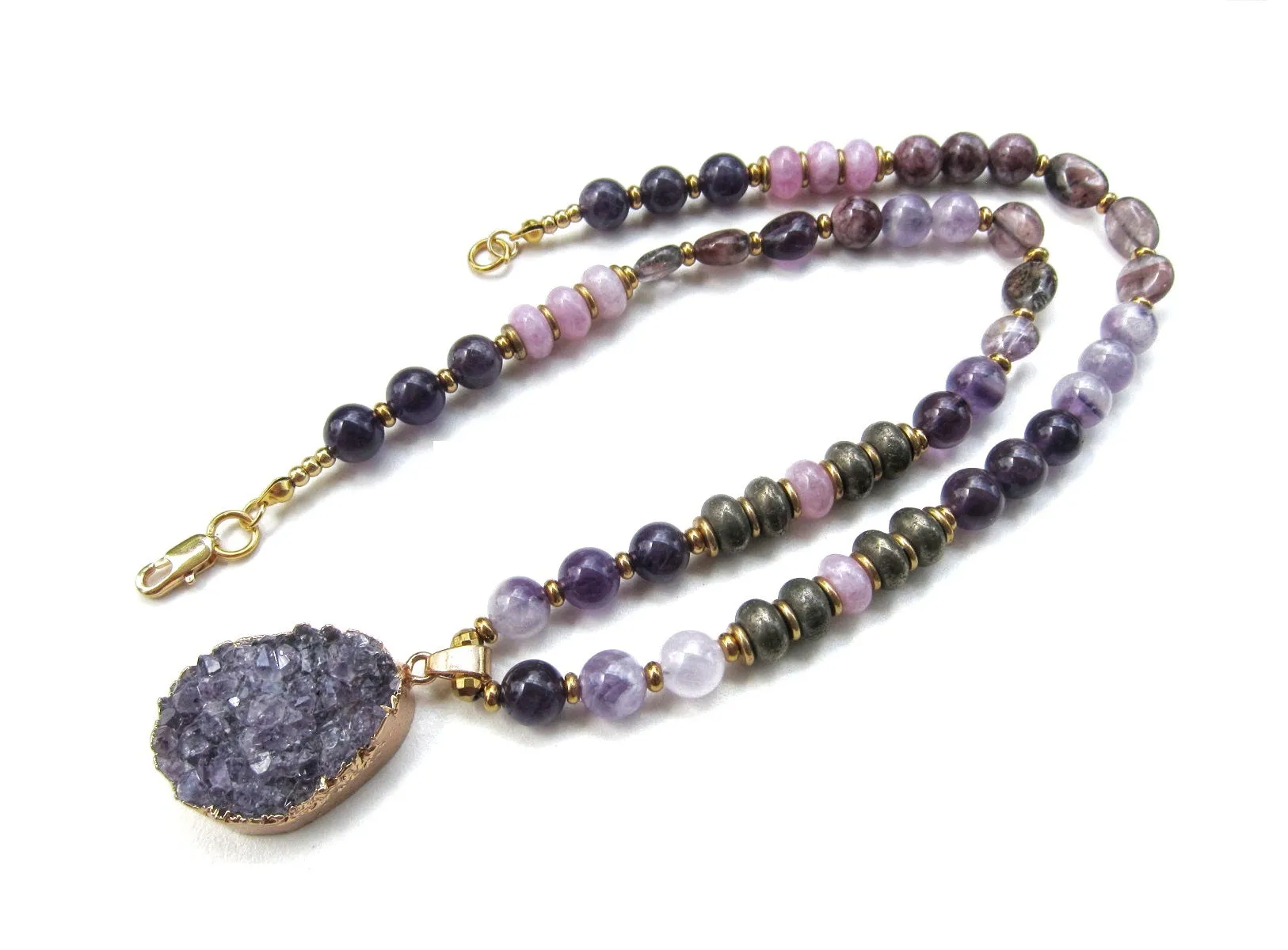 Amethyst, Kunzite, Purple Phantom Quartz in Raw Druzy Pendant Beaded Mala Necklace