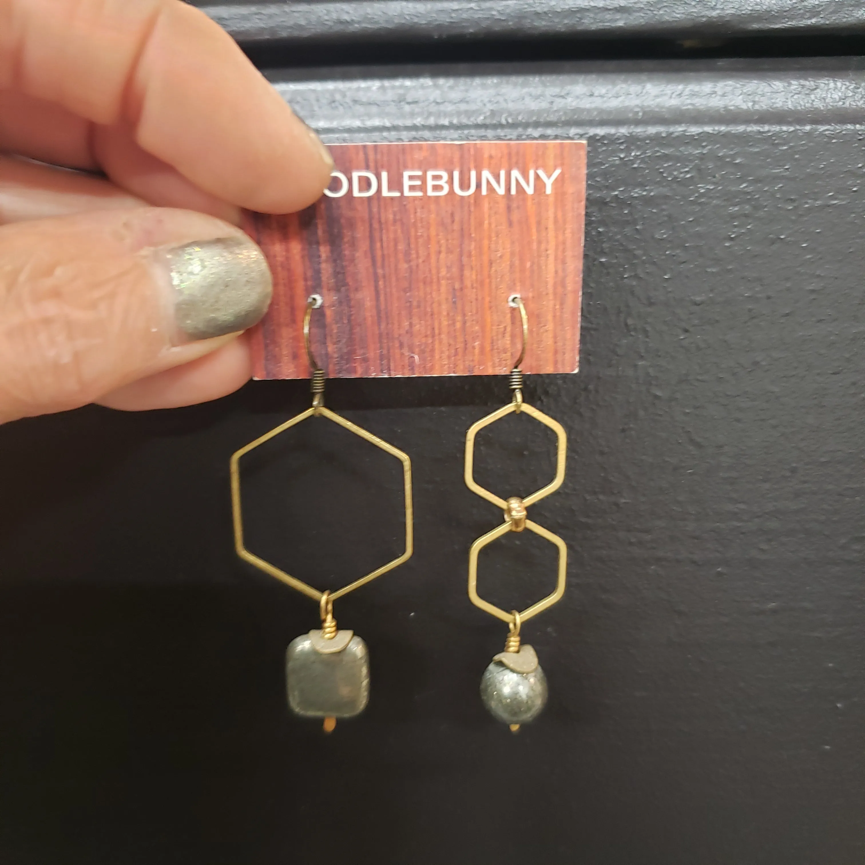 Asymmetric Hexagon Pyrite Drop Earrings