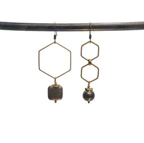 Asymmetric Hexagon Pyrite Drop Earrings