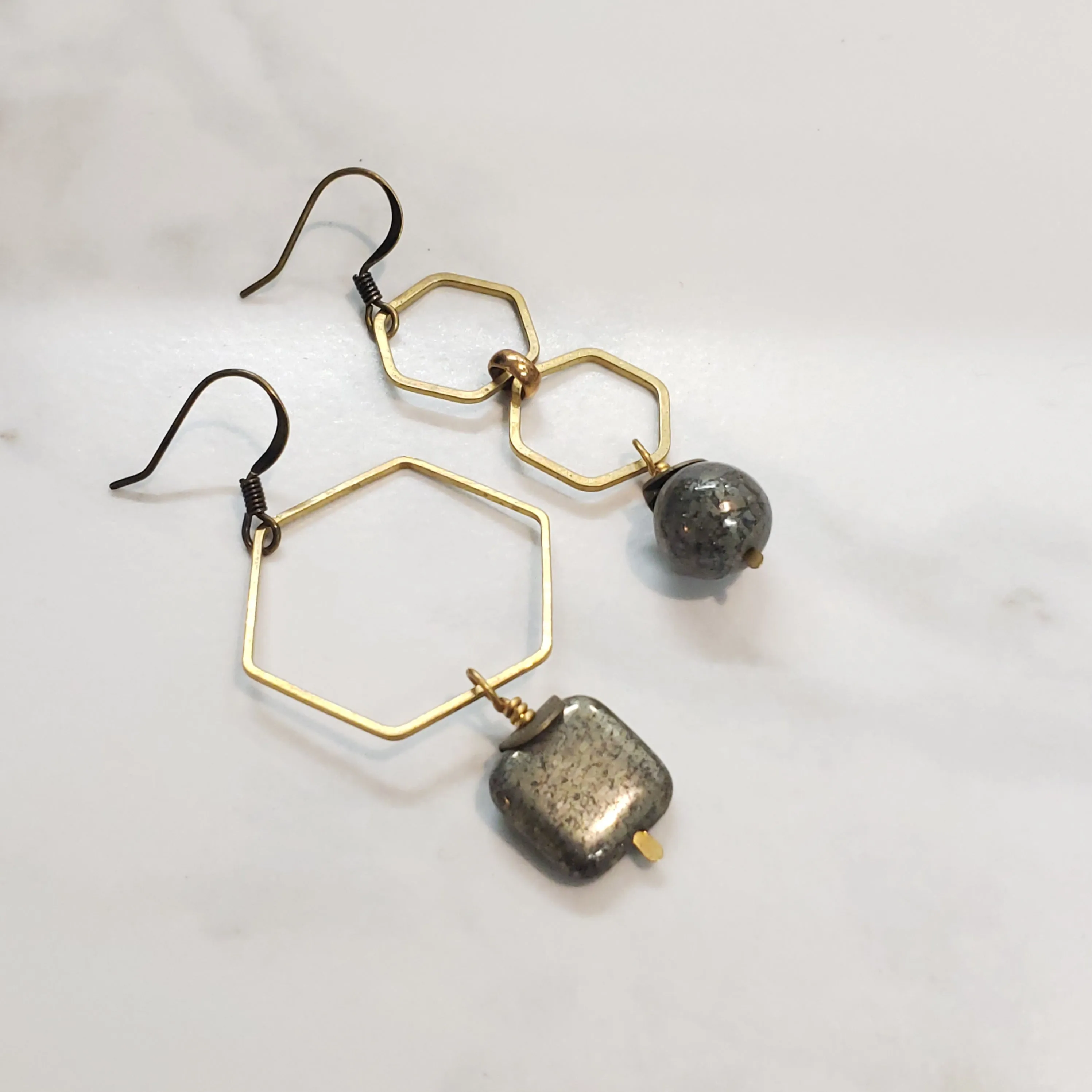 Asymmetric Hexagon Pyrite Drop Earrings