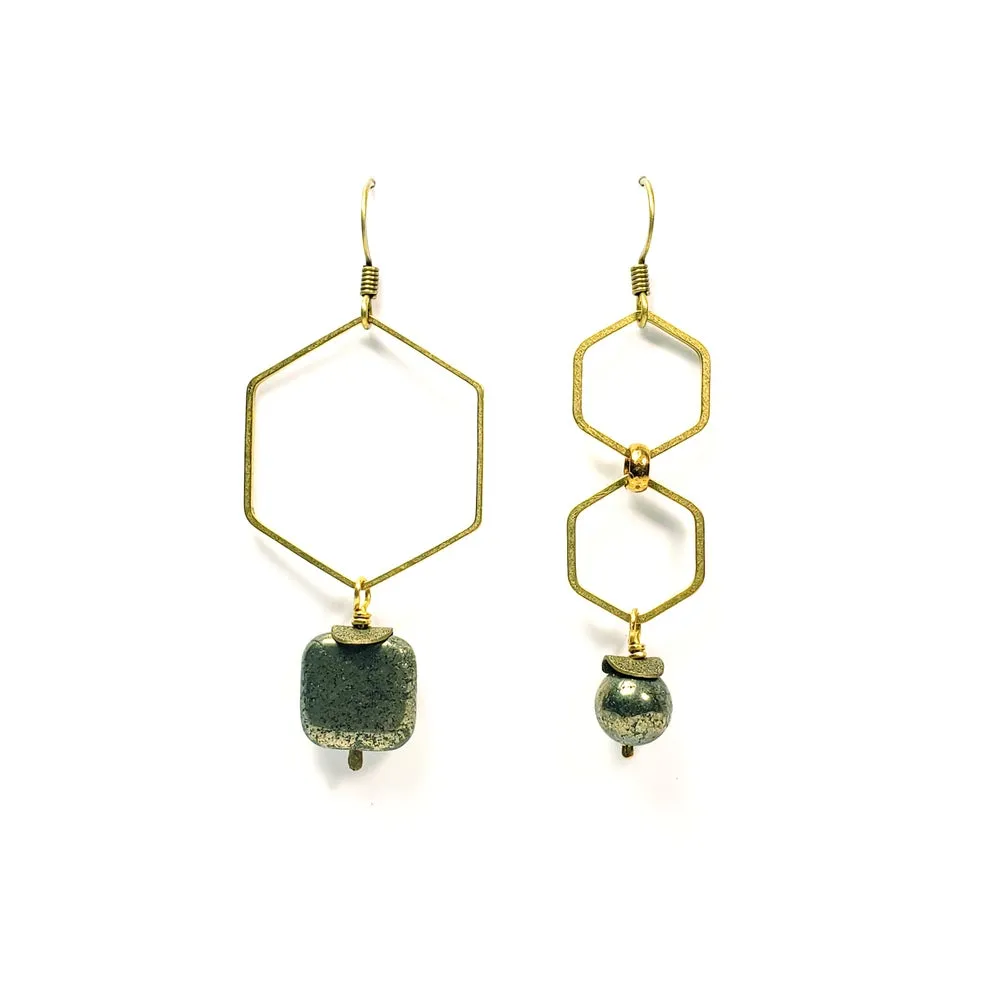 Asymmetric Hexagon Pyrite Drop Earrings