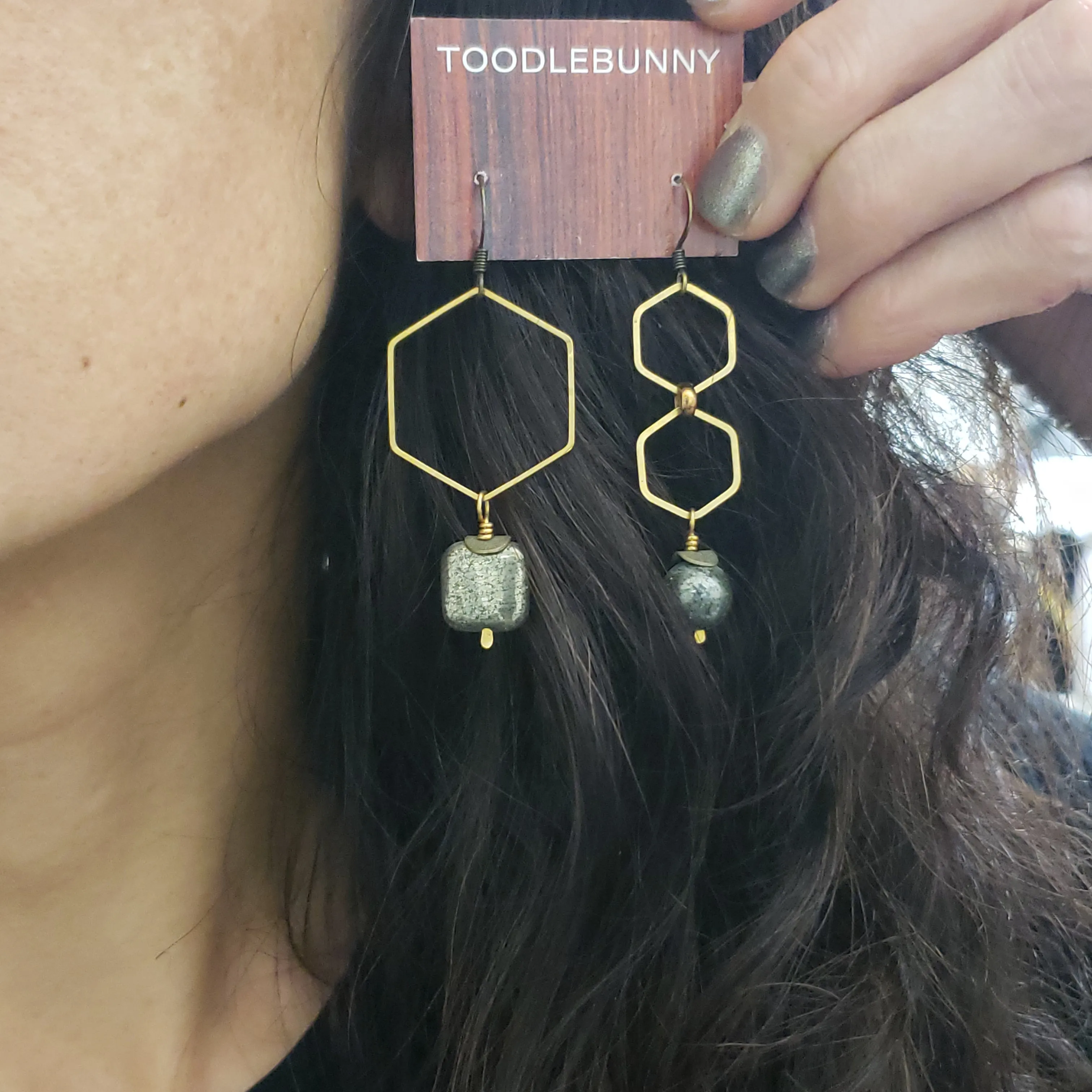 Asymmetric Hexagon Pyrite Drop Earrings