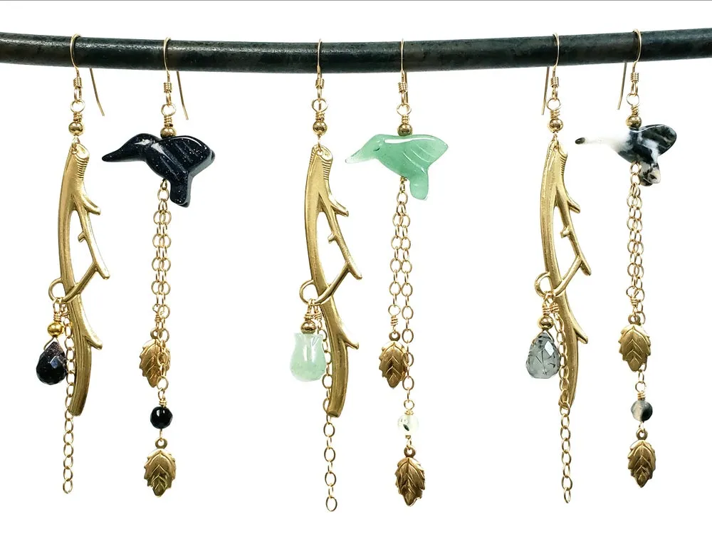 Asymmetric Twig Y Stone Bird Earrings - more colors available