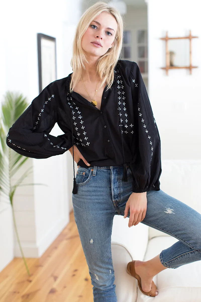 Bardot Top - Embroidered Black Organic