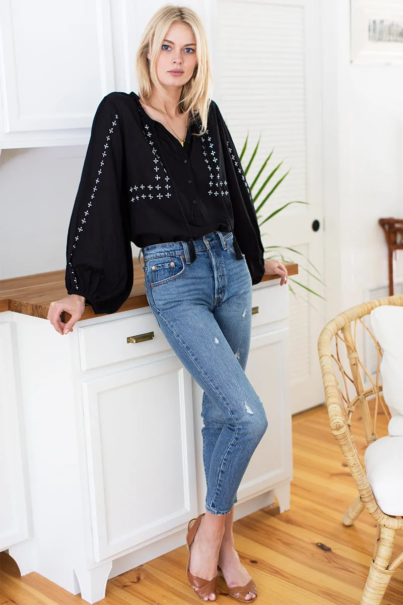 Bardot Top - Embroidered Black Organic