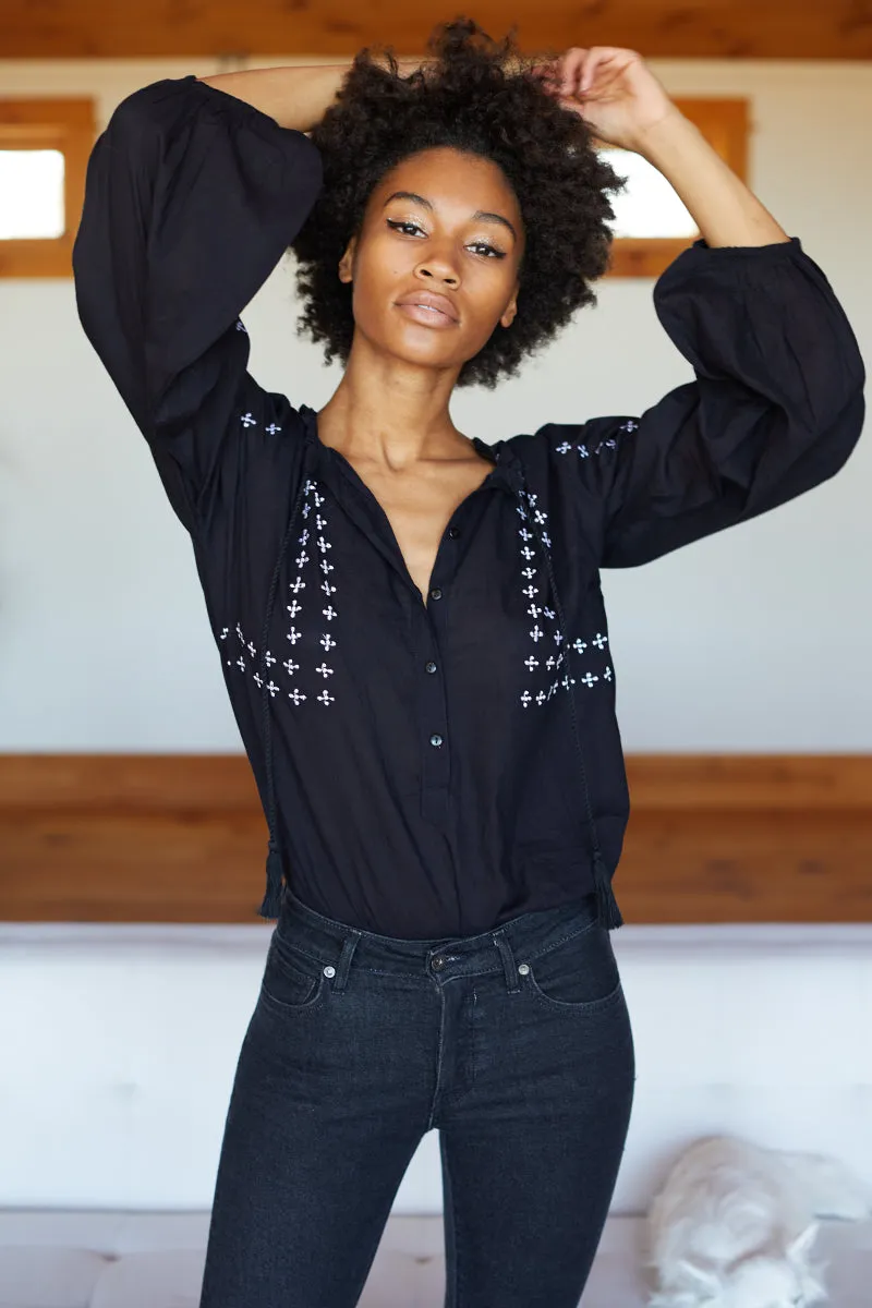 Bardot Top - Embroidered Black Organic