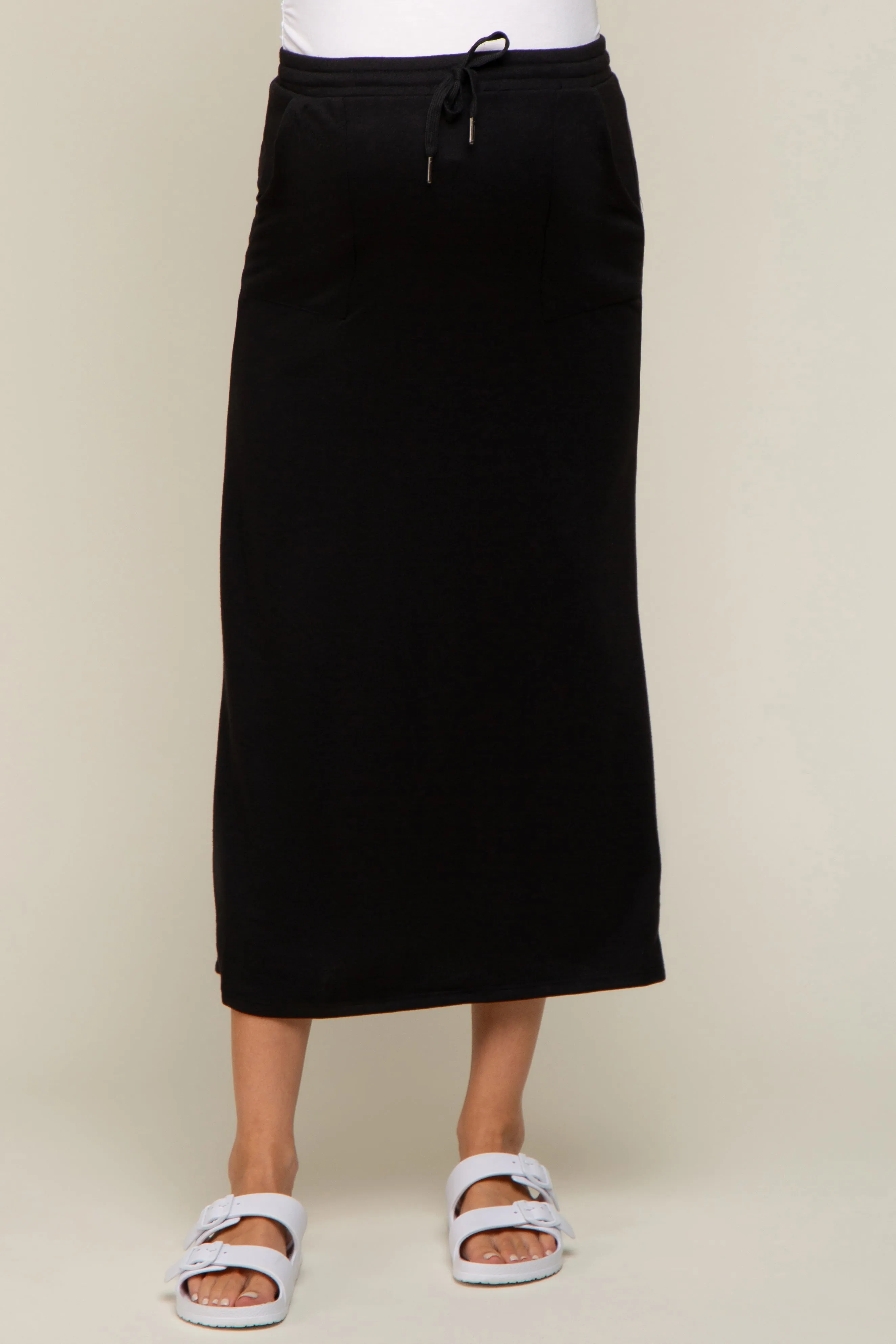 Black Fleece Drawstring Maternity Maxi Skirt