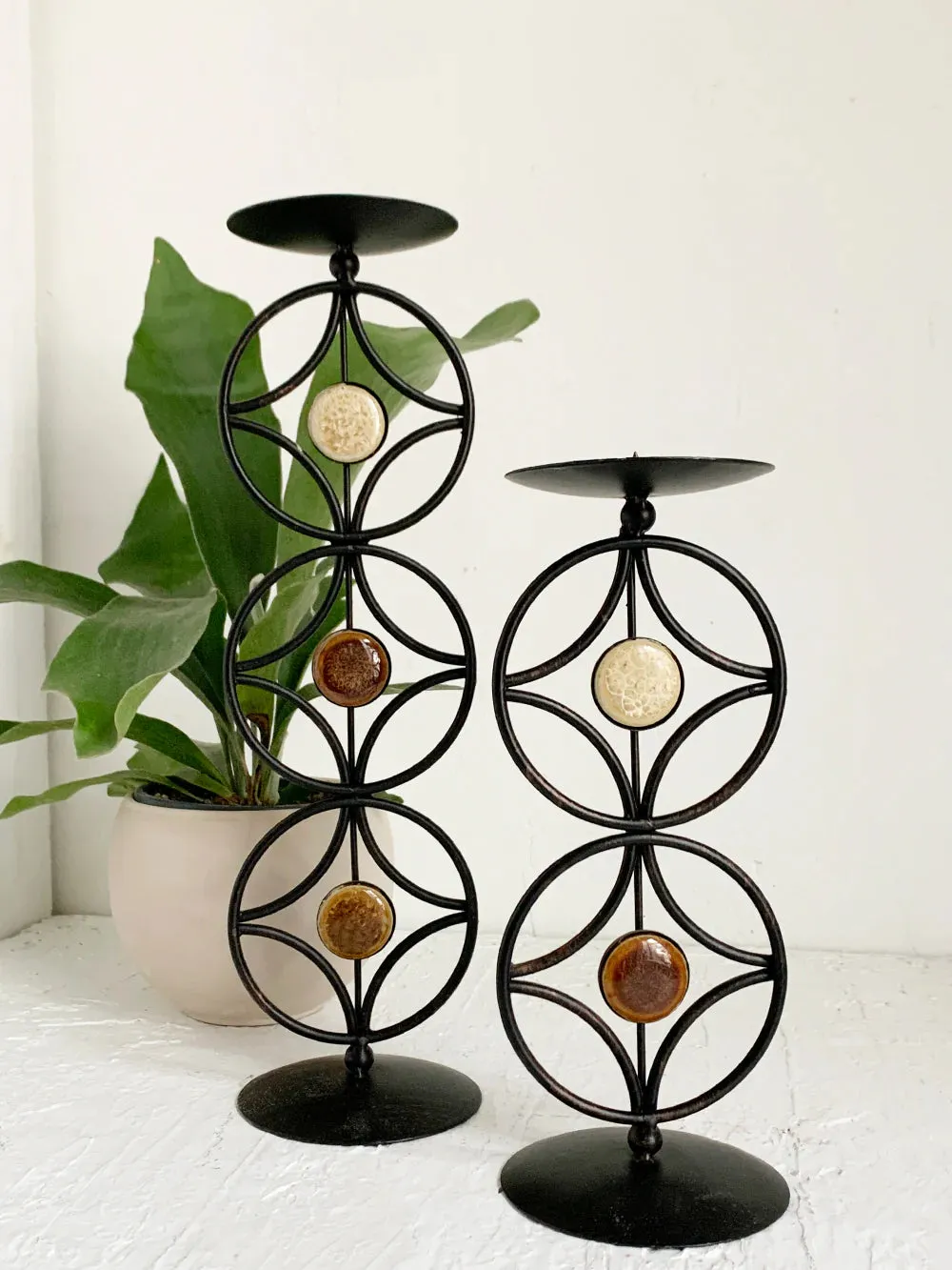 Black Iron Candlestick With Faux Stone Detail