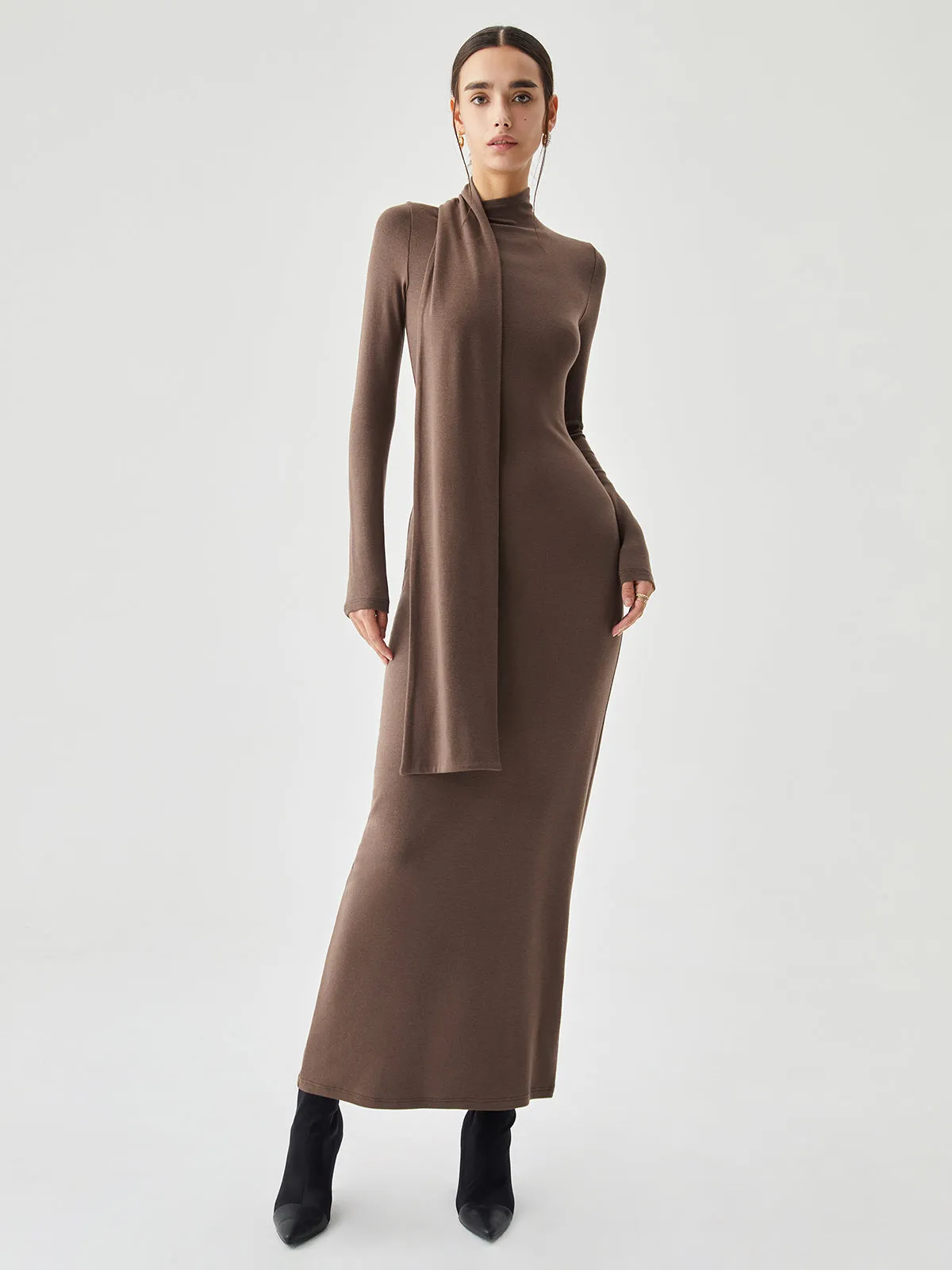 Bodycon High Neck Ribbed Knit Long Dress with Matching Scarf