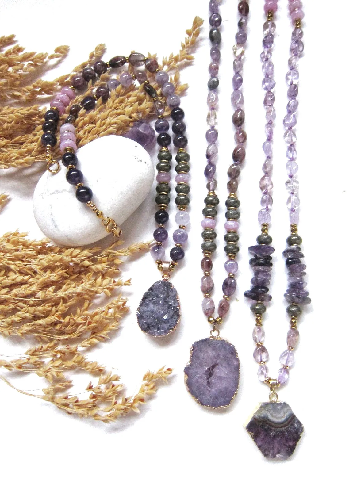 Bohemian Amethyst, Kunzite, Purple Phantom Quartz, Druzy Pendant Beaded Mala Necklace