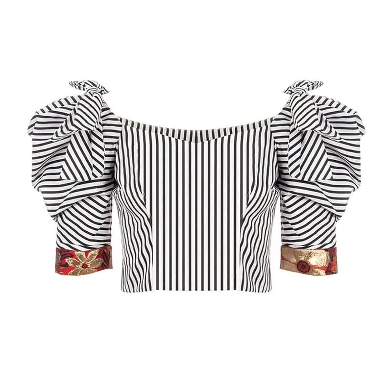 Bow Shoulder Stripe Print Top