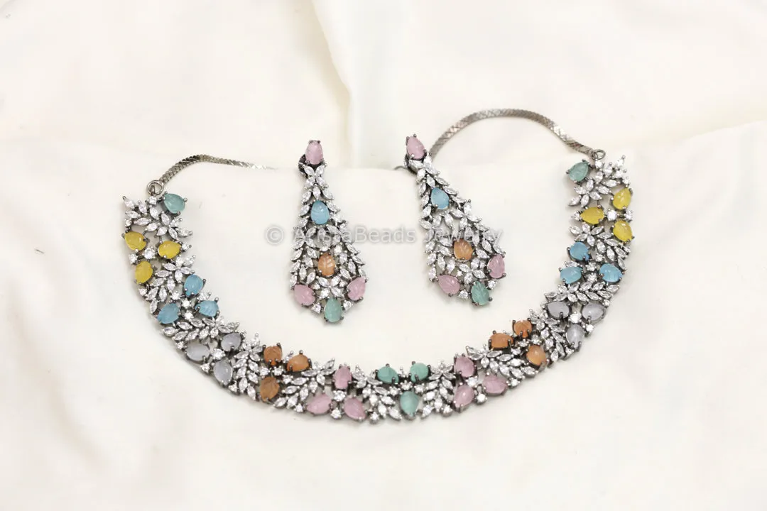 Carved Doublet & CZ Necklace Set - Multicolor