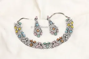 Carved Doublet & CZ Necklace Set - Multicolor