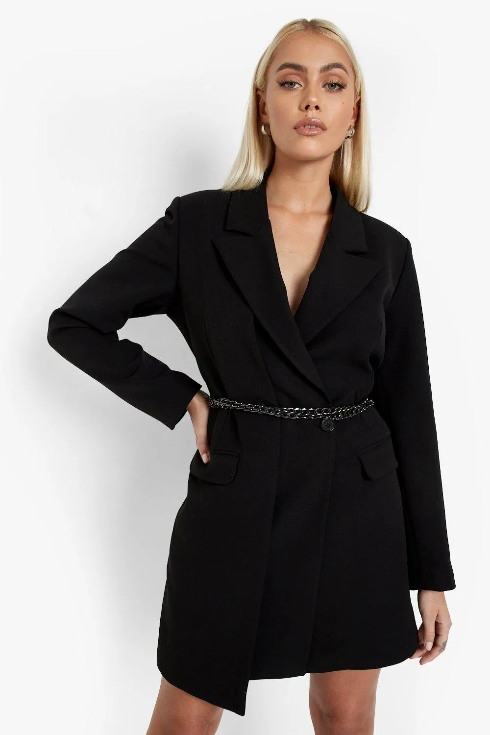 Chain Belt Pocket Detail Blazer Dress