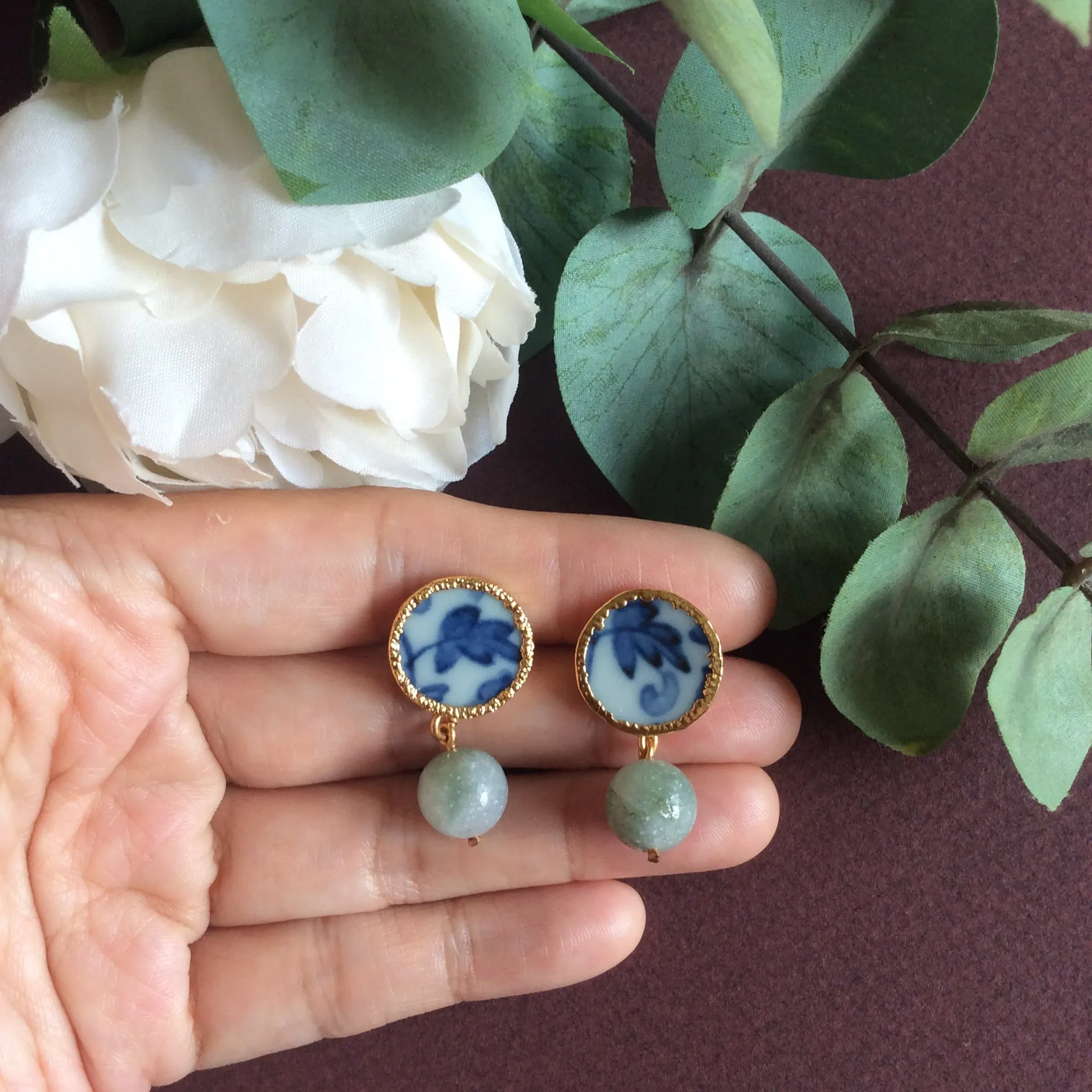 Chinoiserie porcelain stud earrings with jade drops