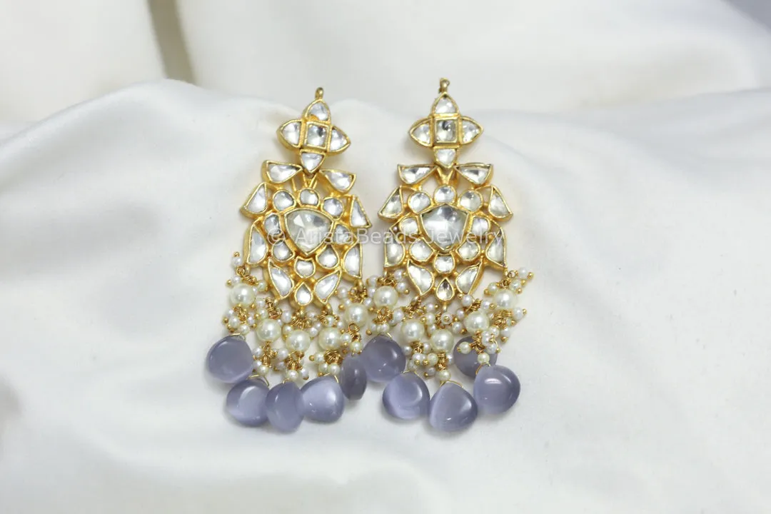 Clear Pachi Kundan Earrings - Gray Drops