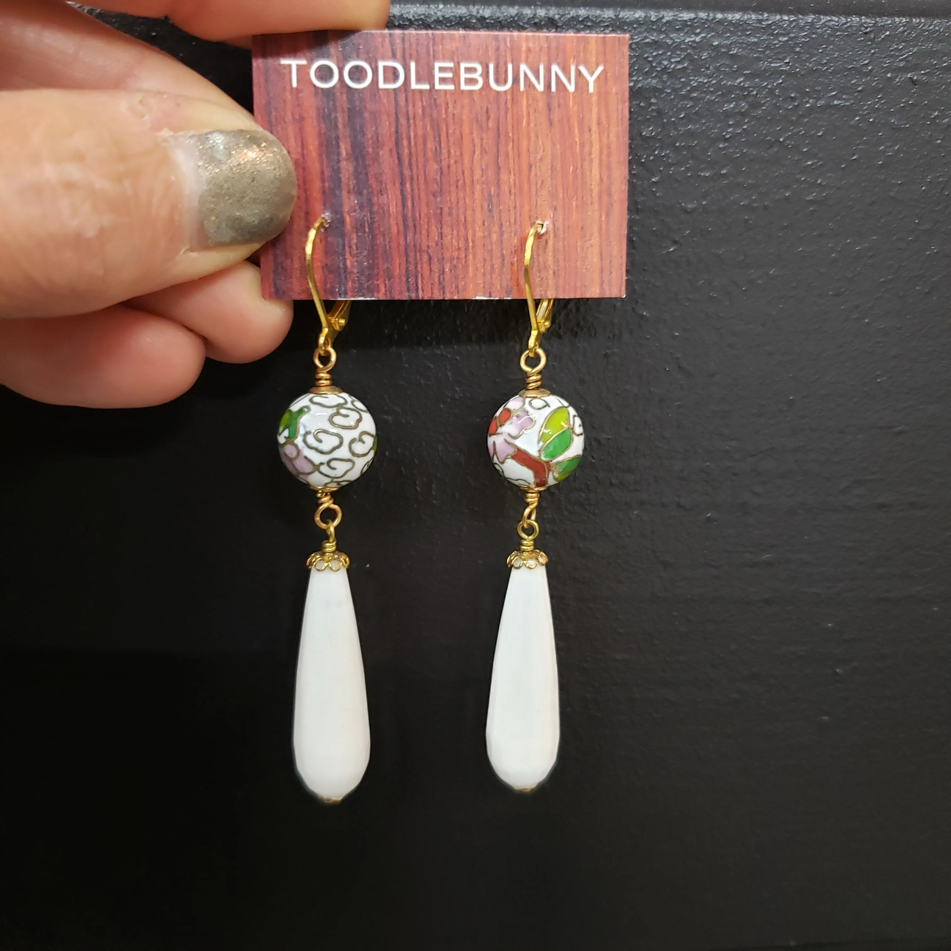 Cloisonne white Agate drop earrings