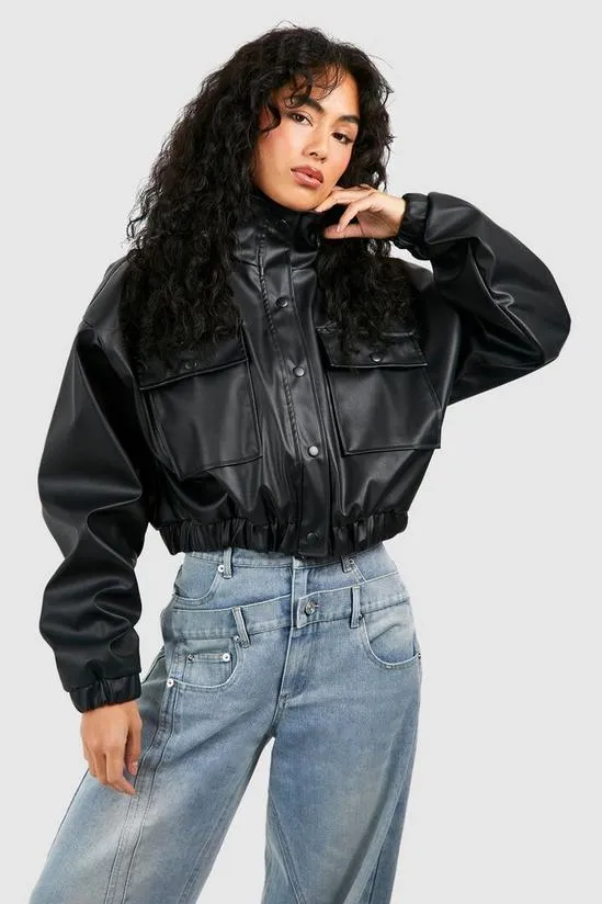 CROPPED FAUX LEATHER BOMBER JACKET