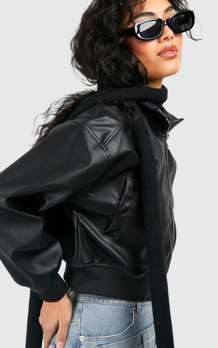 CROPPED FAUX LEATHER ZIP BOMBER JACKET