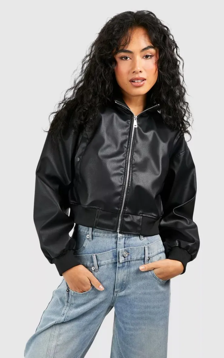 CROPPED FAUX LEATHER ZIP BOMBER JACKET