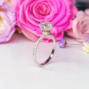 Custom Order Floral Two Tone Diamond Side Stone Engagement Ring [Setting Only] - EC102 With 0.57 Carat Round Shape Lab Diamond