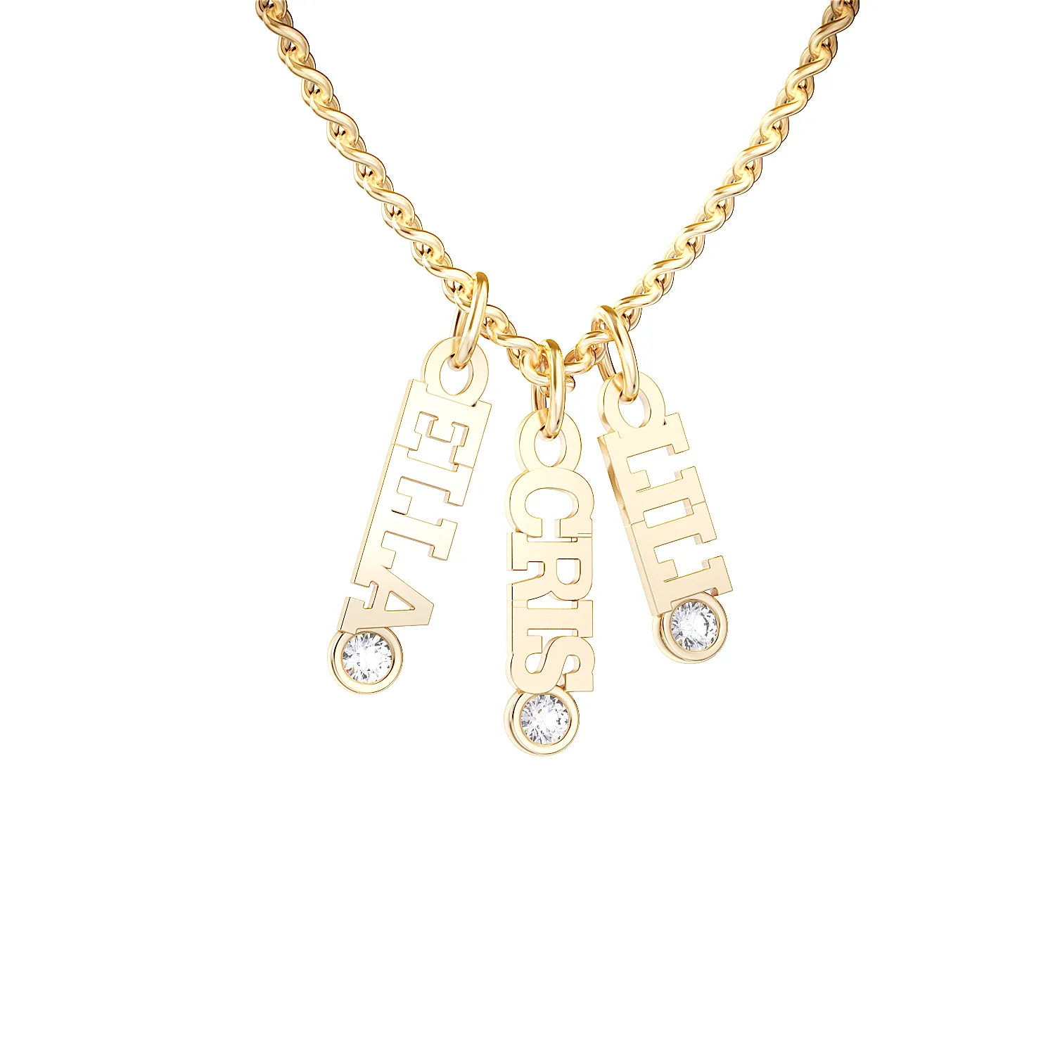 Custom Personalized Vertical Name Necklace with 2 inscriptions, 9 characters, 2 natural diamonds