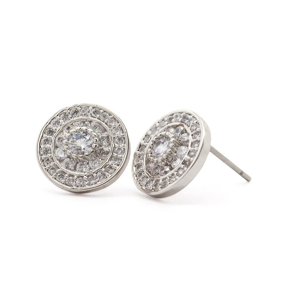 CZ Circle Stud Earrings Rhodium Plated