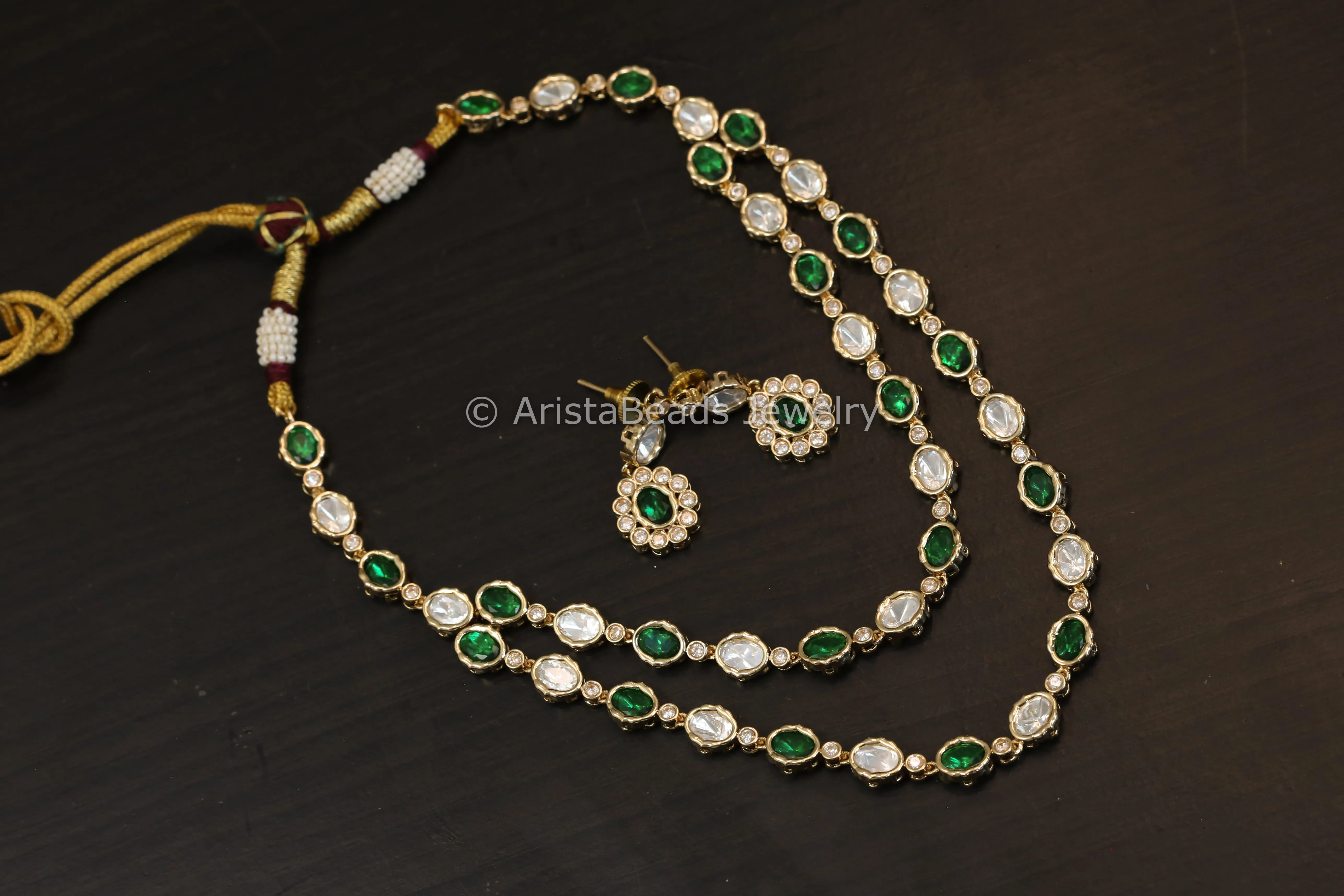 Dainty Layered Uncut Polki Necklace Set - Green