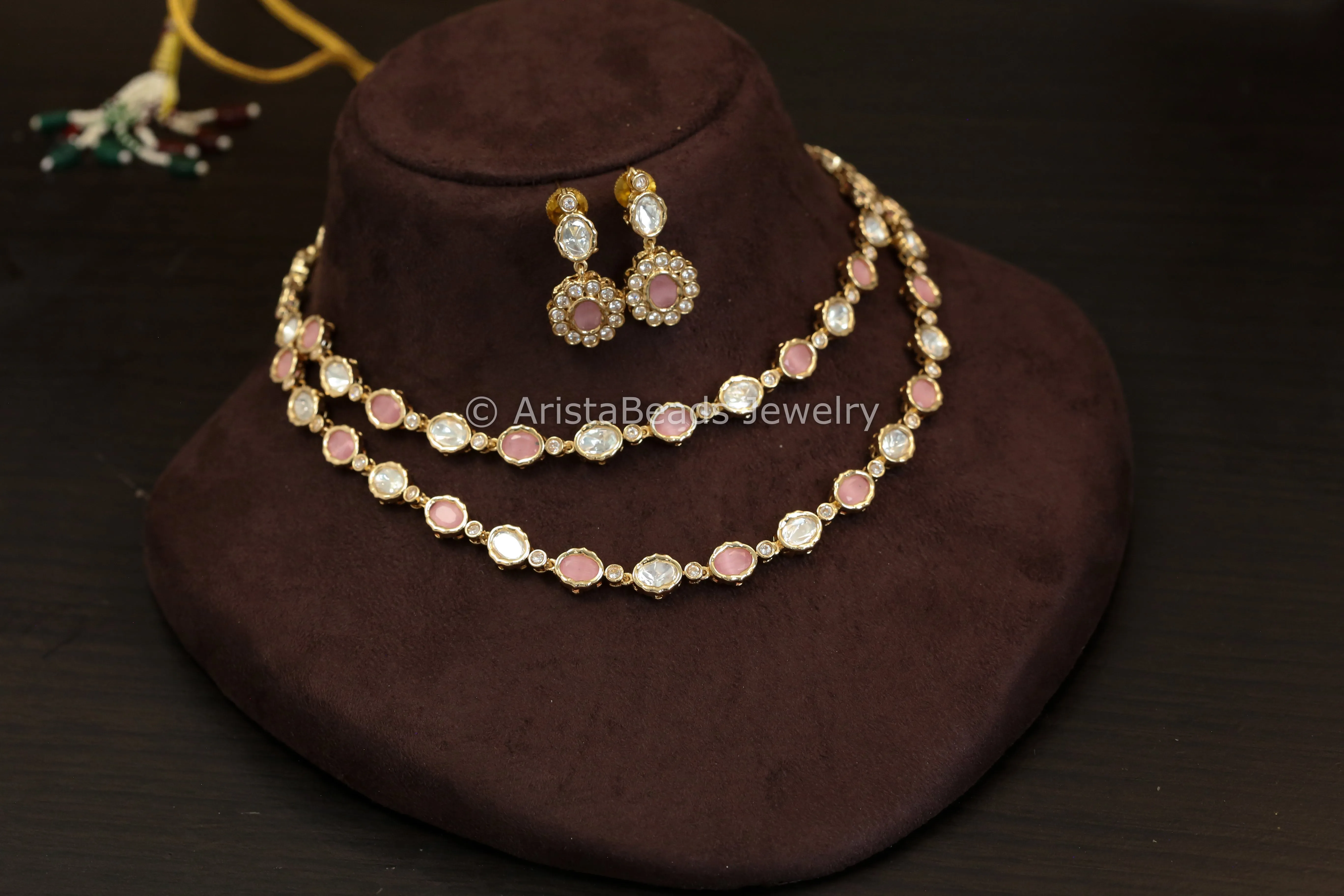 Dainty Layered Uncut Polki Necklace Set - Pink