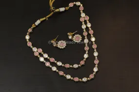 Dainty Layered Uncut Polki Necklace Set - Pink