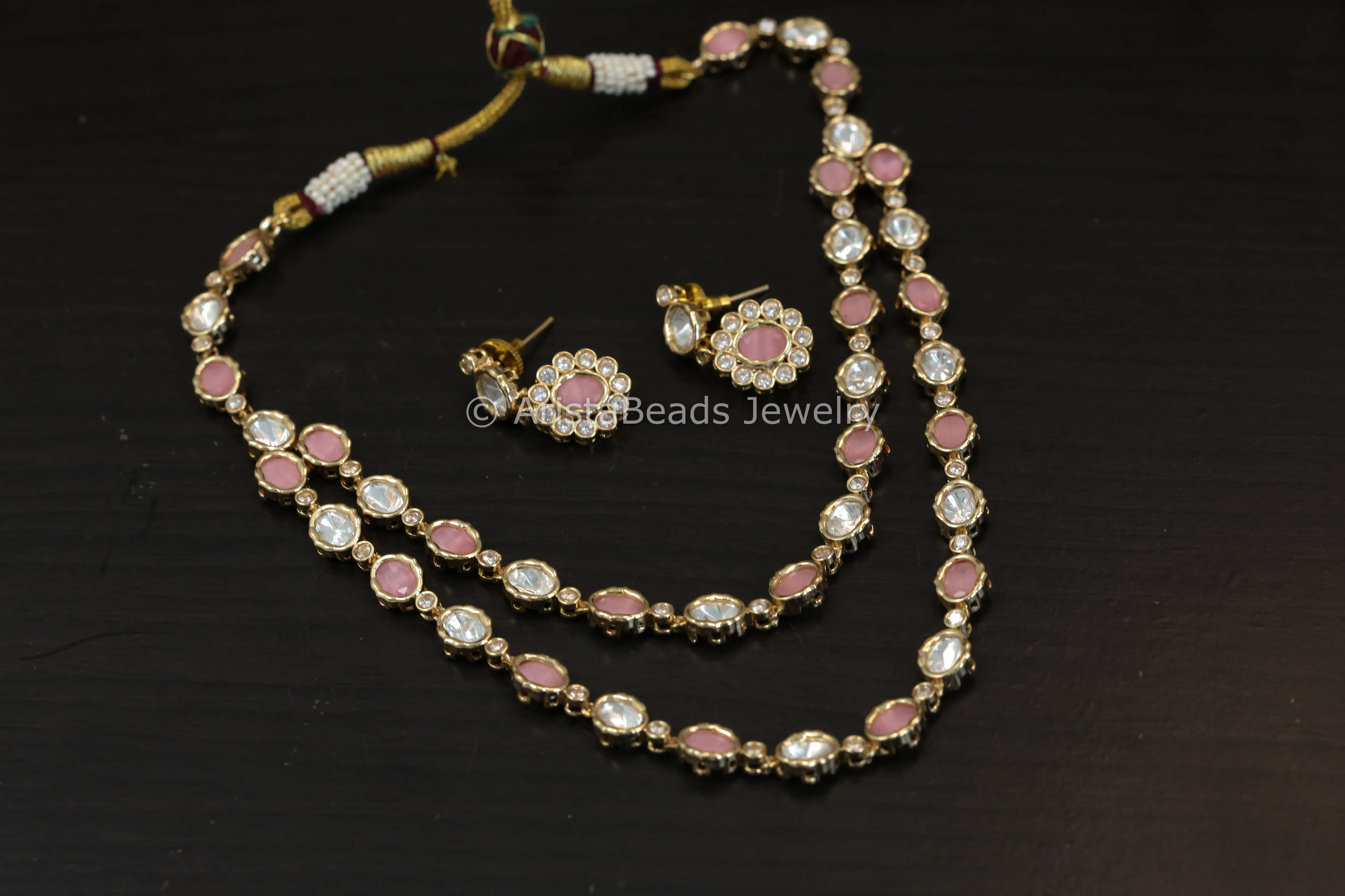 Dainty Layered Uncut Polki Necklace Set - Pink