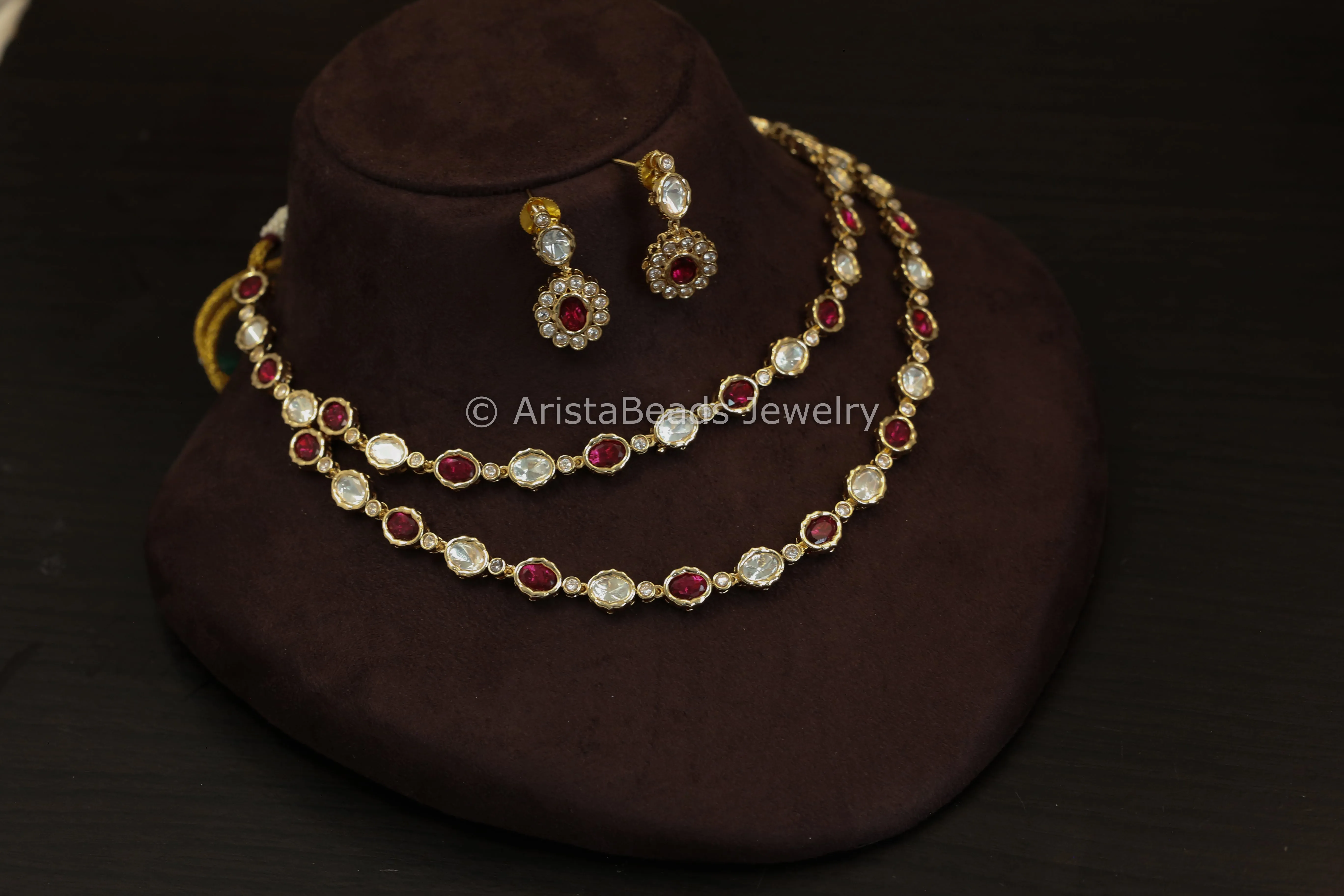 Dainty Layered Uncut Polki Necklace Set - Red