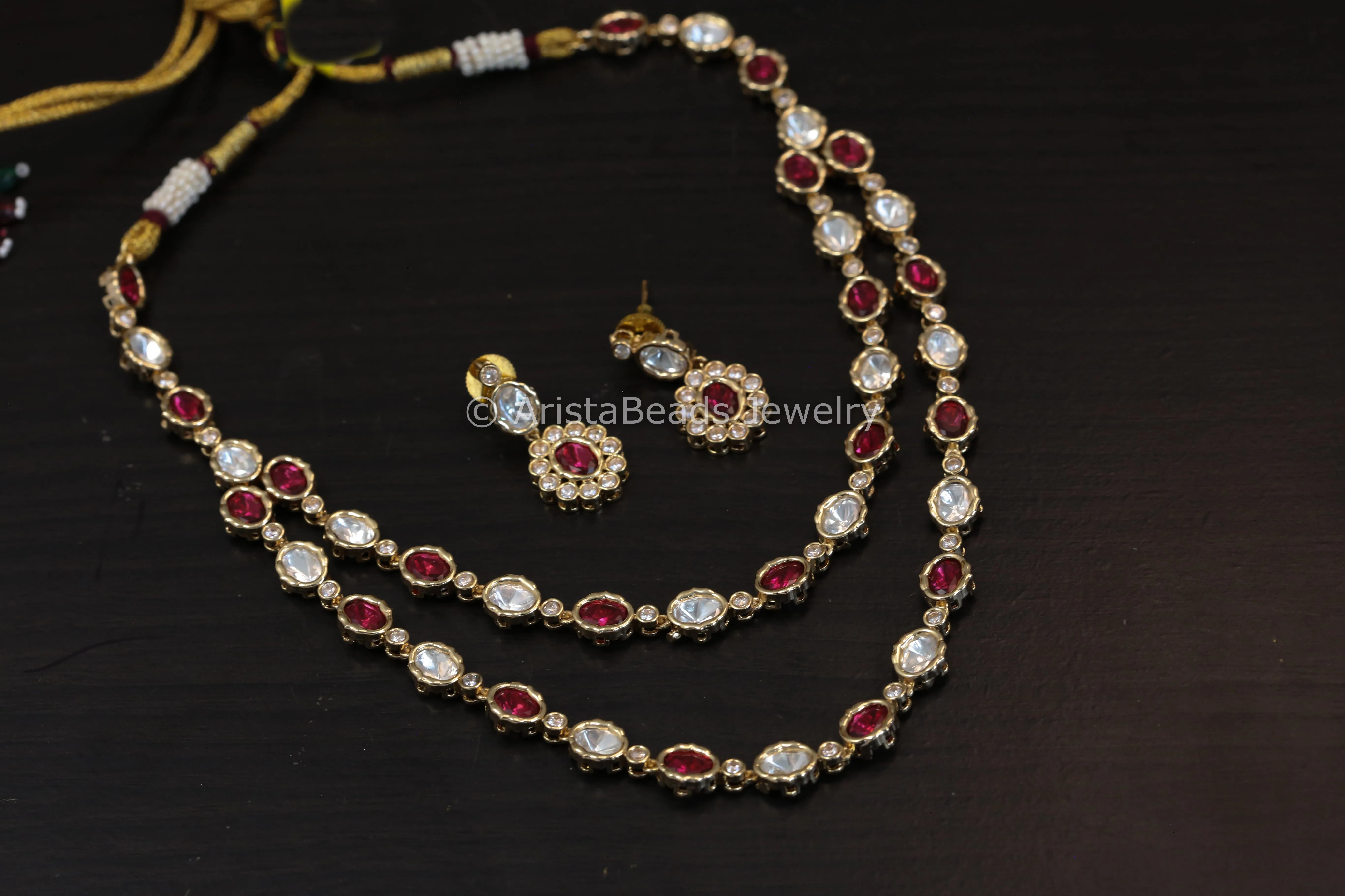 Dainty Layered Uncut Polki Necklace Set - Red