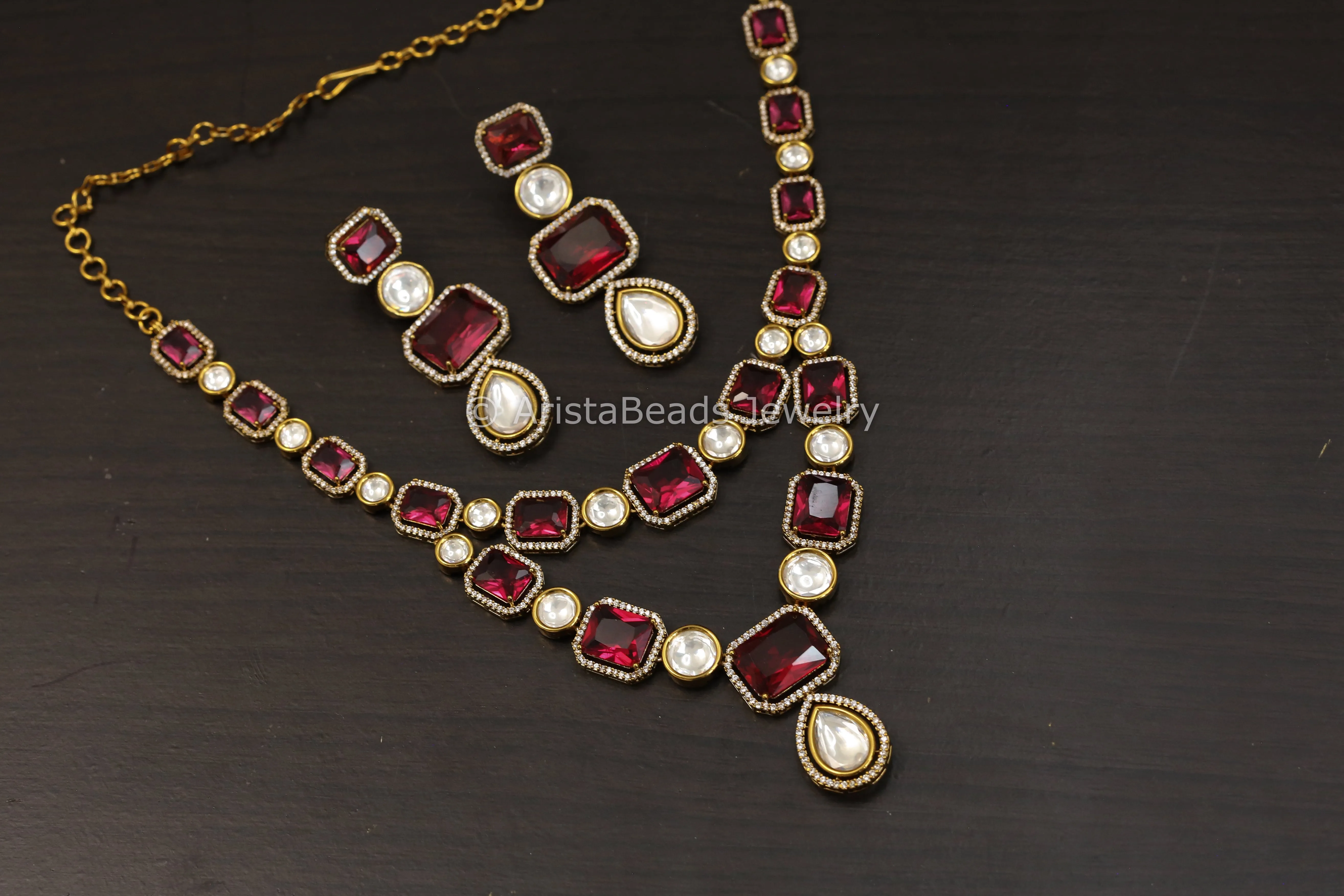 Dainty Red Hydro, CZ & Uncut Polki Necklace Set