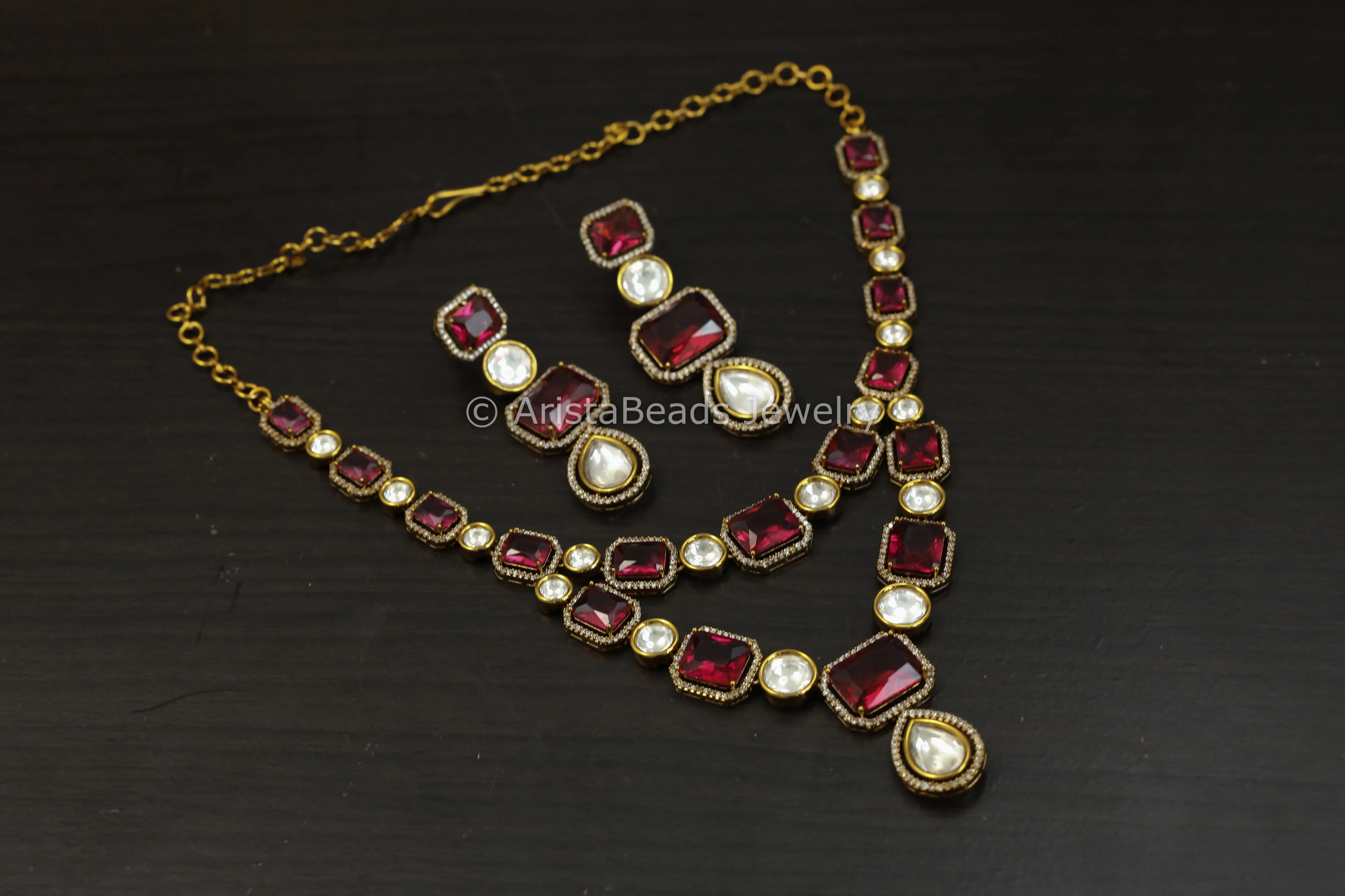 Dainty Red Hydro, CZ & Uncut Polki Necklace Set