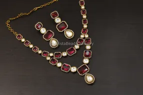 Dainty Red Hydro, CZ & Uncut Polki Necklace Set