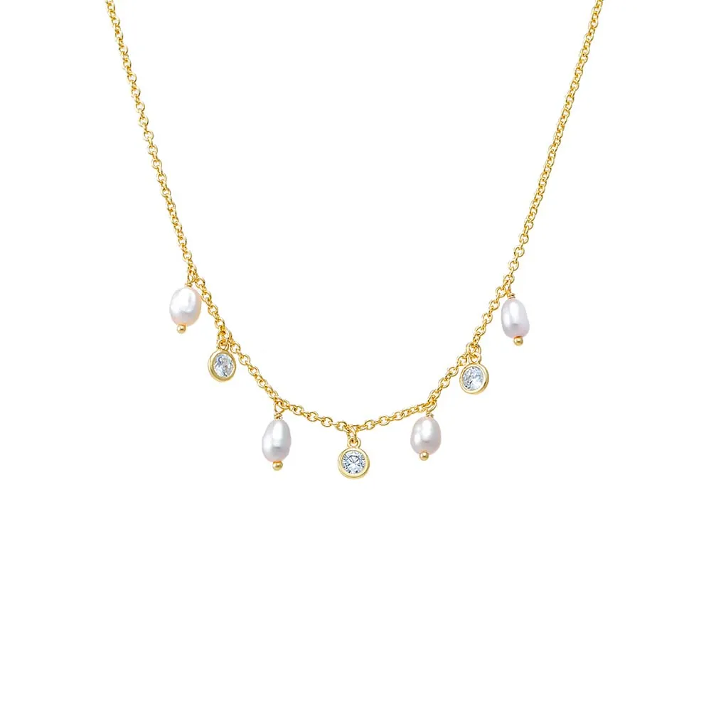 Dangling Accented Necklace | Faux Pearl White/Clear CZ | 14K Gold Plated