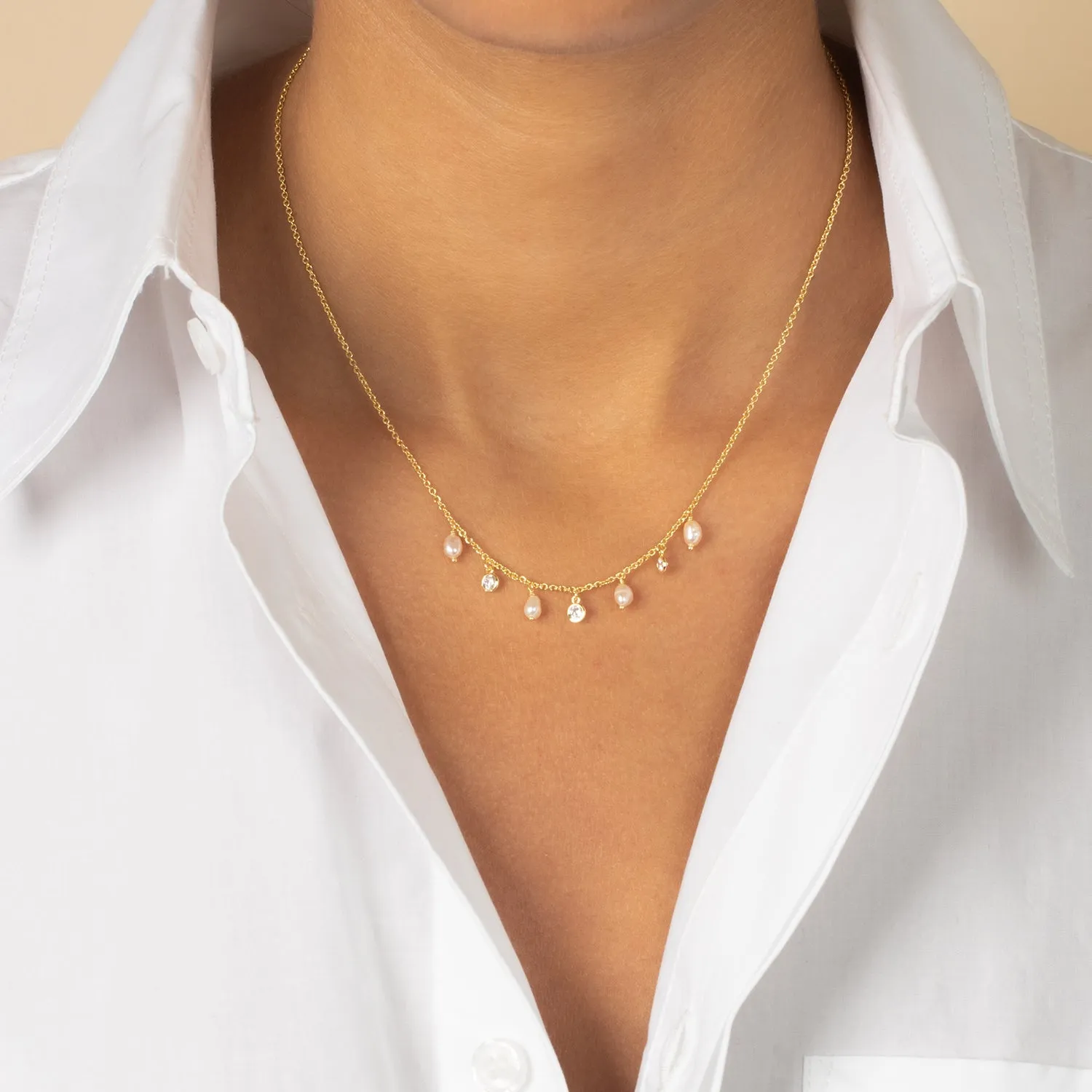 Dangling Accented Necklace | Faux Pearl White/Clear CZ | 14K Gold Plated