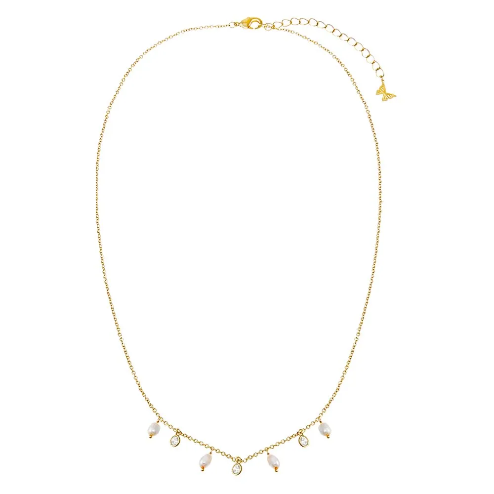 Dangling Accented Necklace | Faux Pearl White/Clear CZ | 14K Gold Plated